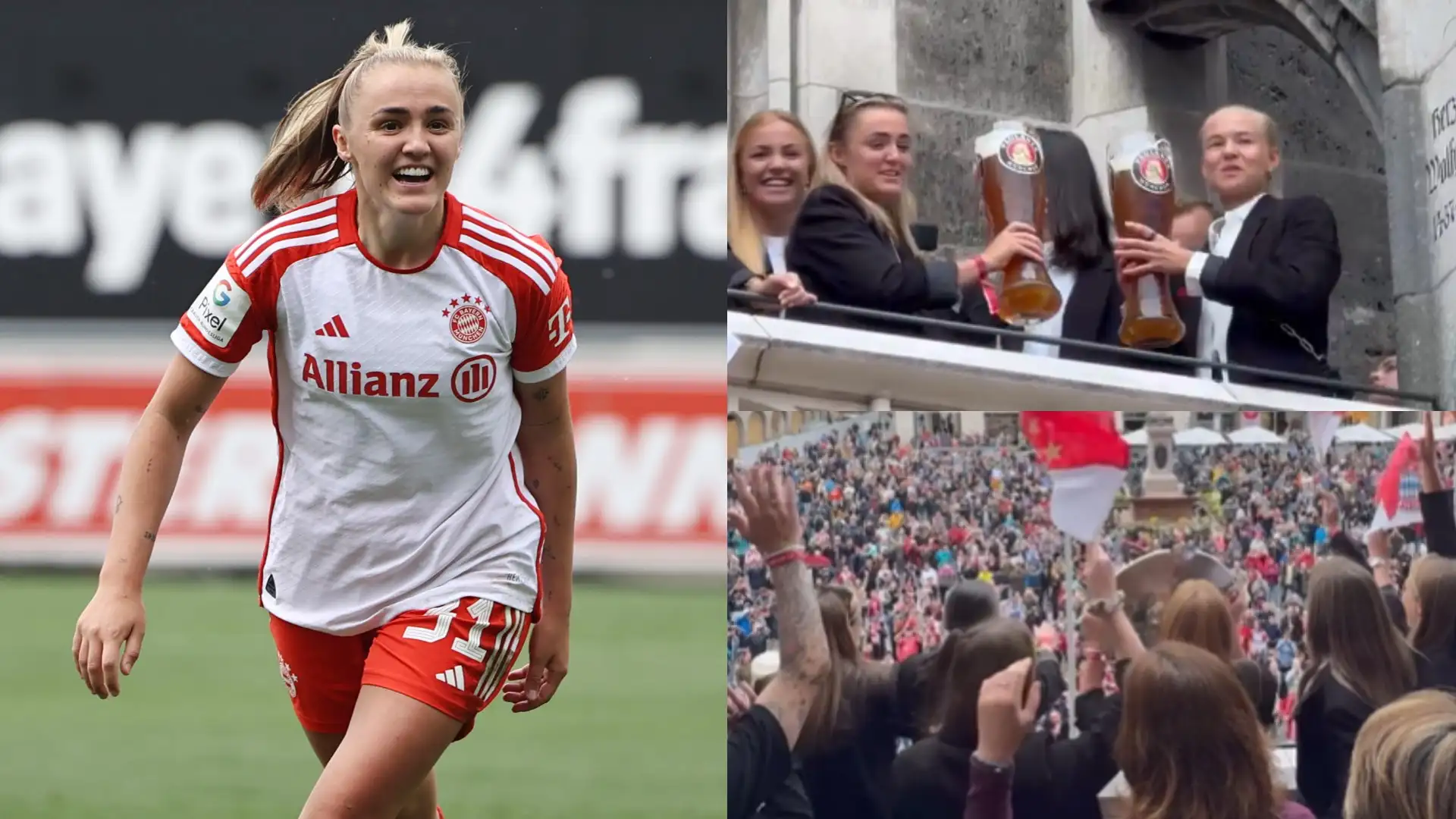 VIDEO: Lionesses star Georgia Stanway struggles to down huge German beer as she goes up against Pernille Harder during Bayern Munich's Bundesliga title celebrations