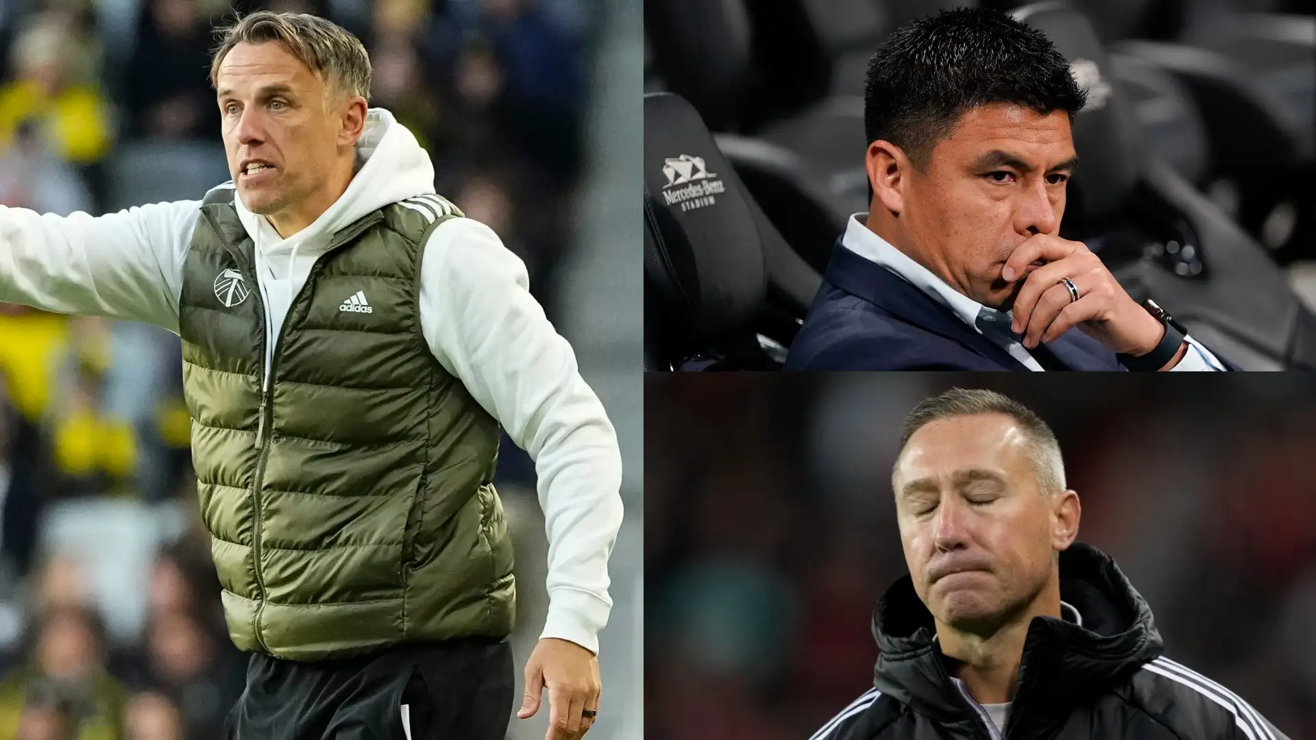 Portland Timbers boss Phil Neville, New England Revolution's Caleb Porter and the MLS managers who are on the hot seat