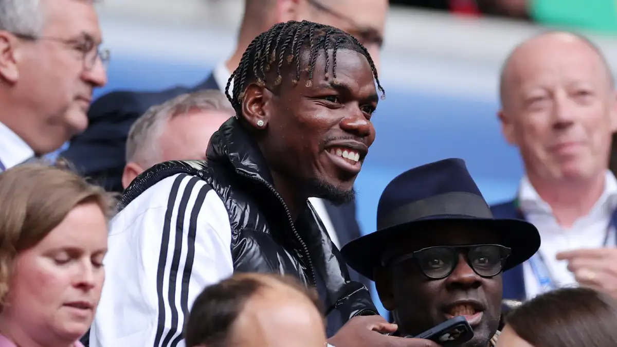 Paul Pogba in the house! Juventus star watches on from the stands as France fans hold up banner to show their support for banned midfielder as Les Bleus face Belgium in Euro 2024 last-16 tie