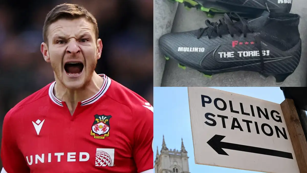 Wrexham striker Paul Mullin jokes about his 'F*** the Tories' boots after Conservatives suffer historic general election defeat